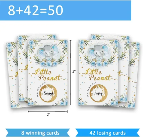Vista 4 de 50 Baby Shower Scratch Off Game, tarjeta de dibujo de rosa elefante azul, actividades de fiesta, decoraciones y suministros, es un niño