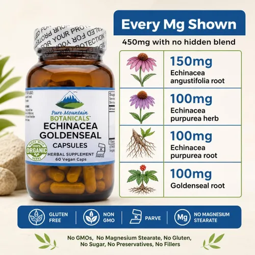 Vista 2 de Pure Mountain Botanicals Cápsulas de sello de oro de equinácea – 450 mg de complejo orgánico de raíz de equinácea y sello de oro – 90 cápsulas