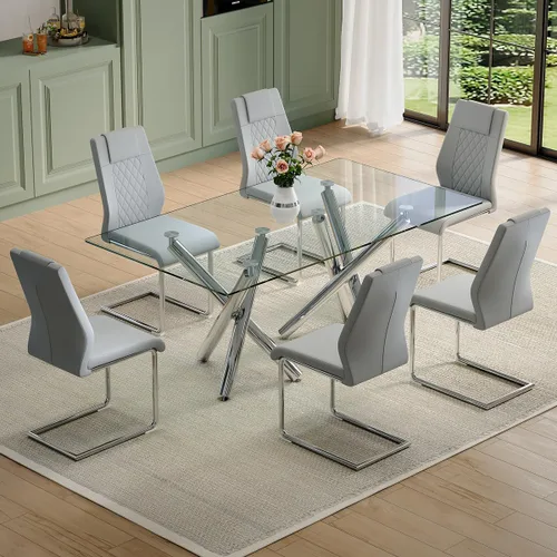 Vista 13 de Juego de mesa de comedor de cristal para 6, 71 pulgadas juego de mesa de comedor moderno para 6 7 Piece Dining Table Set, 6 White Dining Chairs