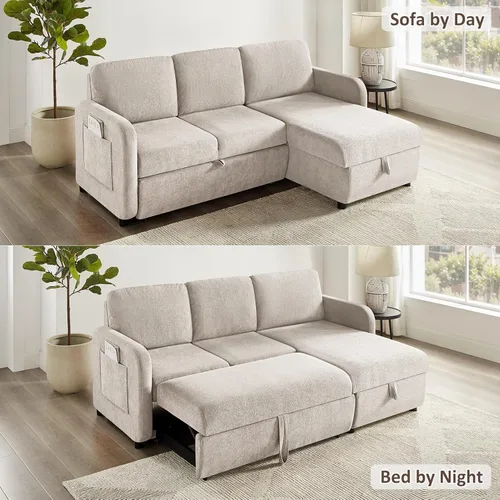 Vista 5 de Sofá cama de 84 pulgadas con cama extraíble, diván de almacenamiento, camello de rizo