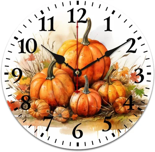 Vista 14 de Reloj de pared de madera Country Autumn Harvest Acuarela Calabaza Flores Redondo Reloj Decorativo de Calidad Cuarzo Sin Ticking Otoño Acción