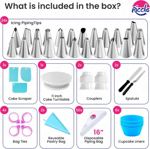 Vista 5 de Riccle Kit de decoración de pasteles de 94 piezas con plato giratorio para pasteles - Incluye 50 piezas de bolsas de repostería desechables de 16
