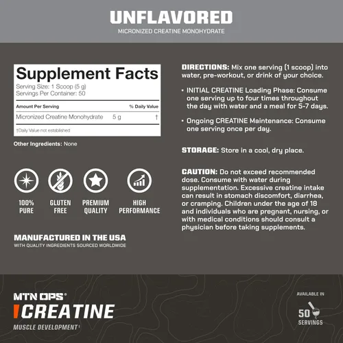 Vista 4 de MTN OPS Monohidrato de creatina micronizada en polvo, sin sabor, 0.18 oz por porción, 50 porciones, creatina pura para recuperación muscular