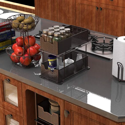 Vista 2 de Simple Houseware - Cajón organizador de cesta deslizante de 2 niveles, bronce