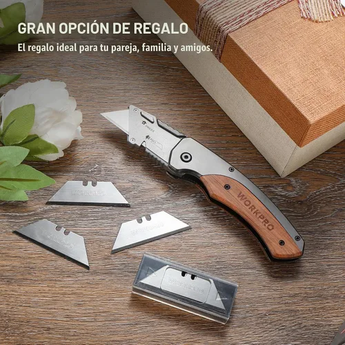 Vista 4 de WORKPRO Cuchillo utilitario plegable, cuchillo de afeitar con mango de madera Quick-Change Box Cutter with Stainless Steel Head, Liner Lock and
