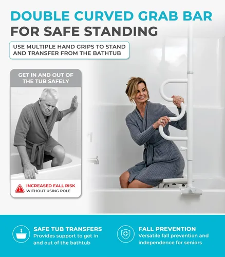 Vista 3 de Stander Wonder - Poste de bañera con barra de seguridad y barra de agarre curva, mango de ducha ajustable para bañeras, abrazadera en el riel