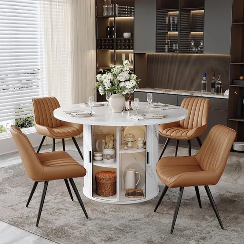 Vista 52 de Miereirl Juego de mesa y sillas de comedor moderno redondo, con una mesa de comedor de madera equipada con compartimentos de almacenamiento