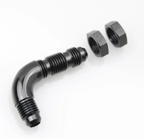 Vista 5 de 90 grados -4 AN a -4AN de una pieza de flujo completo macho Flare Bulkhead Unión de combustible con tuerca de mamparo AN4 Aluminio Negro