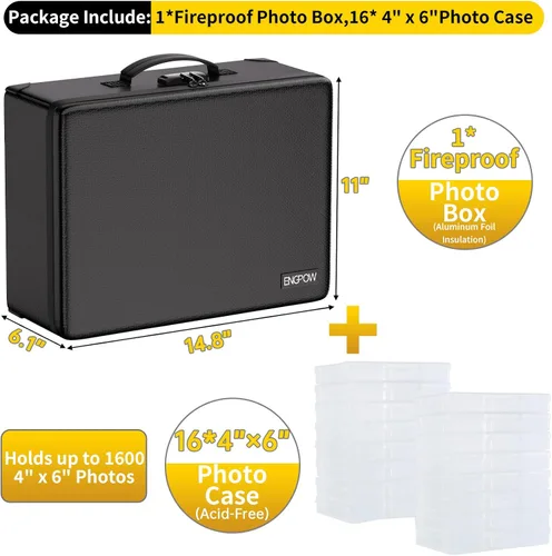 Vista 2 de ENGPOW Caja de almacenamiento de fotos ignífuga de 5200 °F con 16 fundas interiores de 4 x 6 pulgadas (transparente), organizador de fotos