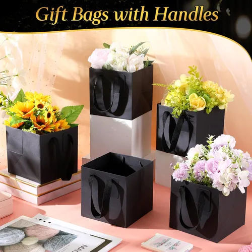 Vista 4 de Windyun 25 mini bolsas de regalo de papel con asa de 6 x 6 x 6 pulgadas, pequeñas bolsas cuadradas con etiqueta de agradecimiento para Navidad
