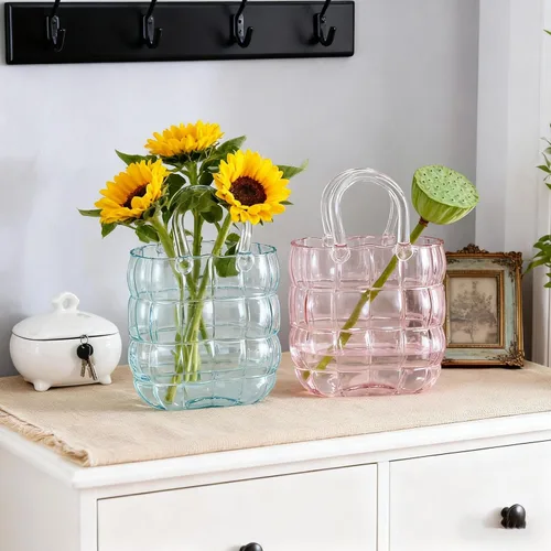 Vista 3 de Elegante jarrón de cristal para arreglos florales, diseño de bolso de boca ancha que mejora las bodas de granja, centros de mesa del hogar, Azul
