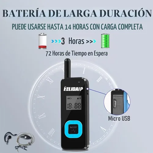 Vista 5 de T-M1 Super Mini Walkie Talkies con auriculares, paquete de 2, 96h M1-negro-paquete de 2