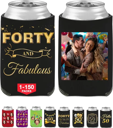 Vista 23 de Fundas enfriadoras de latas de cumpleaños, soporte personalizado para botellas de cerveza a granel con nombre de foto, suministros para fiestas