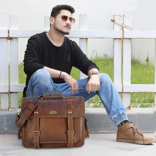 Vista 2 de Bolsas de cuero para computadora portátil para hombre, bolso de mensajero de cuero de grano completo, maletín de cuero, bolso de hombro cruzado
