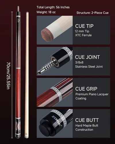 Vista 3 de Eje de arce Carom Cue Stick de 56 pulgadas y 18oz Rojo
