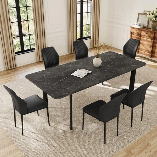 Vista 9 de HIPIHOM Mesa de comedor extensible para 6-8 personas, mesa rectangular de 63 a 78.7 pulgadas, MDF blanco con patas de metal resistentes, ahorro