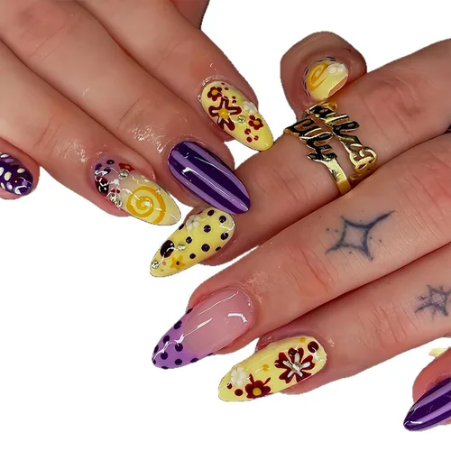Vista 15 de Uñas postizas largas a presión con forma de almendra, color azul Seeneey