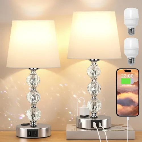 Vista 10 de Juego de 2 lámparas de mesa de cristal para dormitorio/sala de estar, 17.5 pulgadas (blanco) 3 Way Dimmable Touch Control, Bedside Nightstand