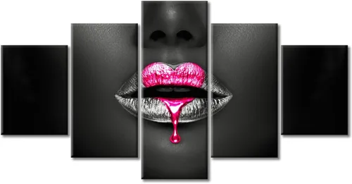 Vista 25 de Póster abstracto de labios de niña, cuadros dorados sobre lienzo, arte de pared, hermosos pósteres e impresiones en lienzo de 5 piezas, arte
