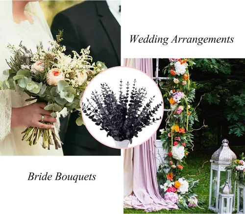 Vista 7 de FEQO 36 tallos de eucalipto negro, hojas artificiales, ramas de eucalipto sintético, ramas de 15 pulgadas para ramo de boda, decoración del hogar
