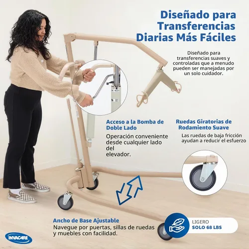 Vista 4 de Invacare Elevador hidráulico ligero para pacientes, blanco, capacidad de peso de 450 libras, 9805P, beige