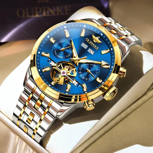 Vista 9 de OLEVS Relojes automáticos para hombre, mecánico, de lujo, cuerda automática, multicalendario, acero inoxidable, impermeable, relojes de pulsera