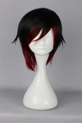 Vista 2 de COSPLAZA Cosplay Pelucas sintéticas rwby rosa rubí corto negro rojo femenino Anime show resistente al calor partido pelo (negrorojo)