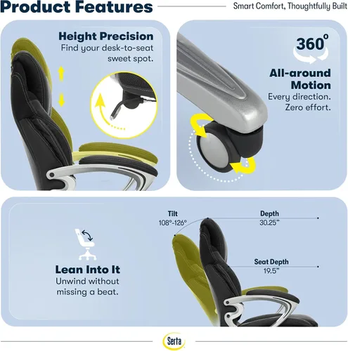 Vista 7 de Serta Bryce - Silla ejecutiva de oficina, sillas de escritorio para computadora ergonómicas con soporte lumbar AIR patentado, almohadas cómodas