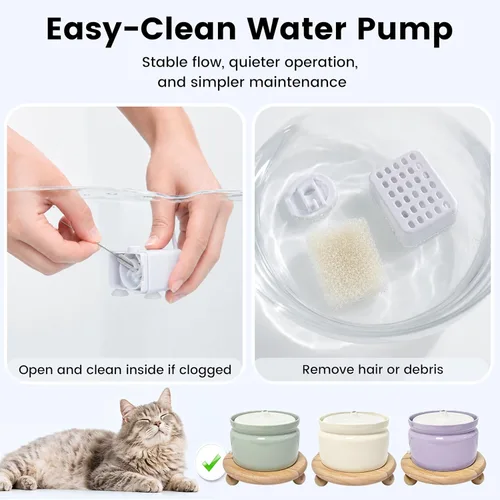 Vista 3 de Fuente de agua de cerámica para gatos, cuenco de agua súper silencioso para mascotas, 2 filtros, apto para lavavajillas (paquete de 3)