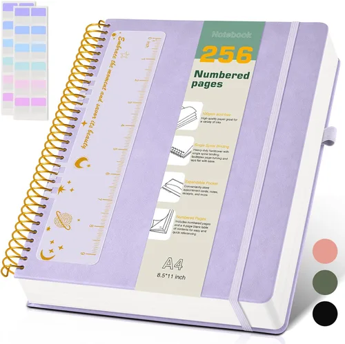 Vista 8 de Cuaderno de espiral A4 de 8.5 x 11 pulgadas, 256 páginas numeradas, de tapa dura, de cuero, para mujeres y hombres, cuadernos grandes rayados