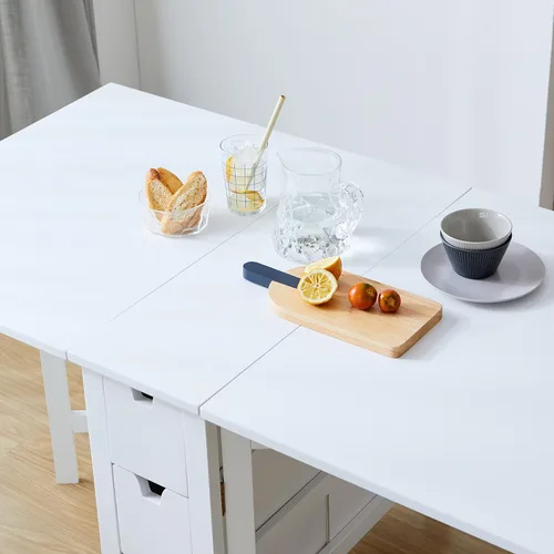 Vista 10 de Livinia Wings - Mesa de comedor de madera con patas de puerta, madera maciza expandible, con hoja caída, ahorro de espacio, con 6 cajones totalmente