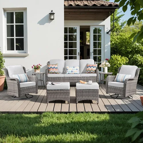 Vista 43 de Juego de muebles de exterior para patio, silla y sofá (ratán marrón, beige, 3 piezas)