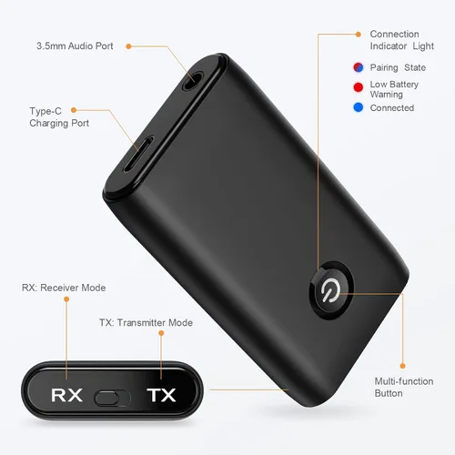 Vista 5 de Adaptador Bluetooth auxiliar para automóvil, receptor transmisor Bluetooth 2 en 1, adaptador inalámbrico portátil, receptor de audio auxiliar