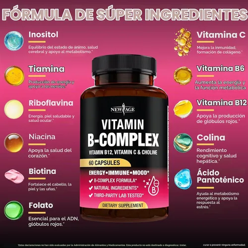 Vista 2 de Complejo de vitamina B para hombres y mujeres - Fabricado en EE. UU. - Complejo B: B1, B2, B3, B5, B6, B7, B8, B9, B12 con vitamina C, colina