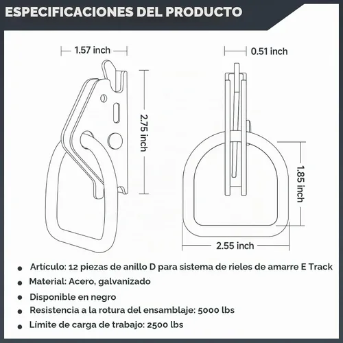 Vista 2 de 12 Piezas de Anclajes de Amarre con Anillo en D para Pista E Accesorios para Pista E para Encerrados Sistema ETrack para Accesorios de Remolque