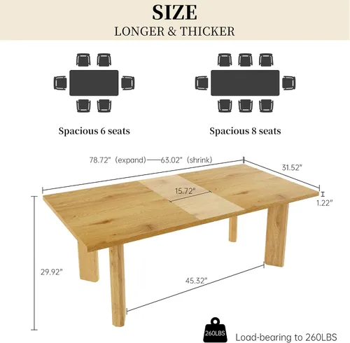 Vista 2 de HIPIHOM Mesa de comedor extensible para 6-8 personas, mesa de cocina rectangular de MDF de 63 a 78.7 pulgadas, estilo rústico de granja, diseño que