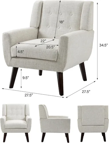 Vista 2 de Accent Chair Set of 1, Comfy Reading Armchair, Beige Linen Blend, Tufted Button Backrest, Solid Wood Frame, Upholstered Club Single Sofa Chairs