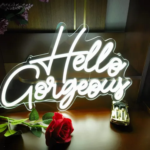 Vista 21 de Letrero de neón LED con texto en inglés «Hello Gorgeous LED», luz nocturna de neón para pared, fiesta de cumpleaños, boda, bar, club, decoración