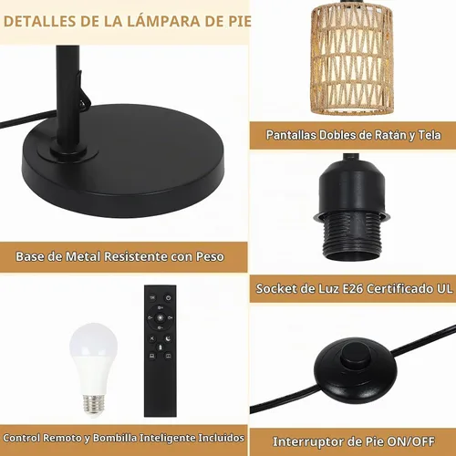 Vista 8 de LAMSU Lámpara de pie con control remoto, lámpara de pie de ratán regulable con bombilla LED, lámpara de poste alto industrial negra con pantallas