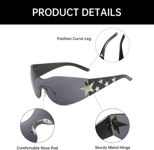 Vista 4 de YAMEIZE Y2K - Gafas de sol envolventes con forma de estrella, diseño de pentagrama futurista de los años 2000, sin montura para mujeres y hombres