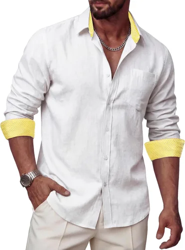 Vista 22 de Camisas de lino para hombre, casual, de manga larga, con botones, ajuste regular, cuello en contraste, con bolsillo