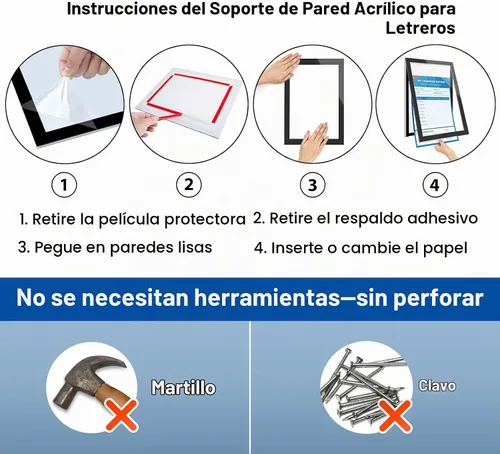 Vista 8 de Soporte para Letrero de Pared de 8.5" x 11" de Acrílico, Marco de Exhibición Magnético Autoadhesivo con Cinta Nano y Borde Magnético Fuerte
