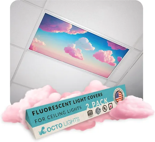 Vista 9 de Cubierta de luz fluorescente para luces de techo de aula, nubes rosadas, inserto de película retroiluminada de alta calidad 2 x 4