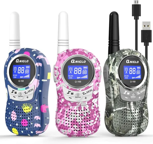 Vista 9 de QNIGLO Walkie Talkies para acampar para niños recargables, Walkie Talkies de camuflaje para niños y niñas, adecuados para juegos de aventura al aire