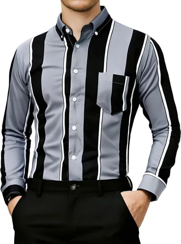 Vista 11 de Camisa a rayas para hombre, manga larga con estampado retro de discoteca de los años 70, ajuste regular, parte superior con bolsillo