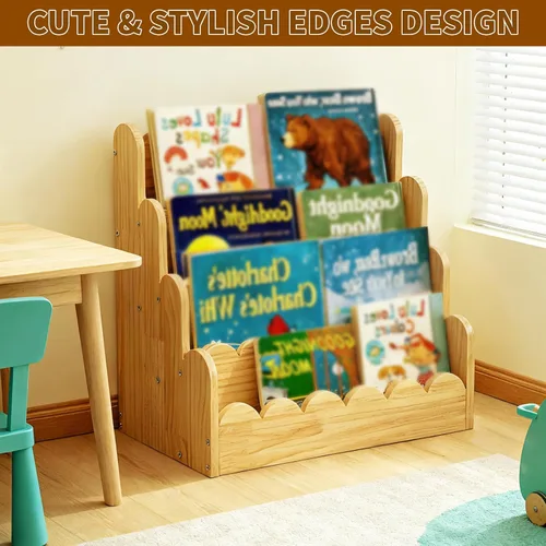 Vista 6 de Estantería festoneada de 4 niveles para niños, estantería pequeña de madera de 16.5 x 15.7 x 9.8 pulgadas para niños pequeños, estante organizador