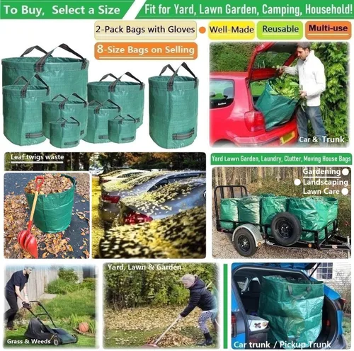Vista 2 de Paquete de 2 bolsas profesionales de jardín grandes de 80 galones (D26, H33 pulgadas) con guantes de jardinería para bolsas de hojas, residuos