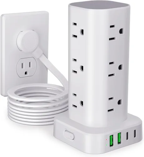 Vista 19 de Regleta de alimentación de torre con múltiples salidas, protector de sobretensiones de enchufe plano, cable de extensión de torre con 12 tomas