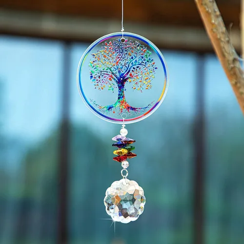 Vista 7 de Adorno colgante de chakra prisma de cristal con diseño de árbol de la vida K9 Crystal Glass Tree of Life Suncatcher Window Car Home Decor Rainbow
