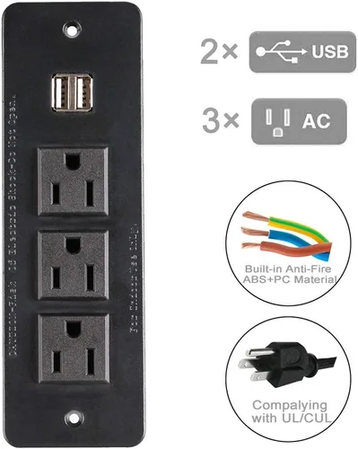 Vista 3 de Zapatilla para empotrar, con 3 salidas de corriente alterna, 2 centros USB, para conferencias, de 2.1 amperes, con cable de 9.8 pies, con enchufe